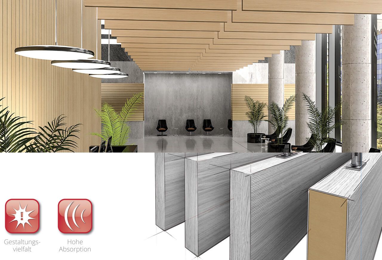 Acoustic-Baffles - akustisch wirksame Baffeln für die Deckenmontage, Akustik Baffel